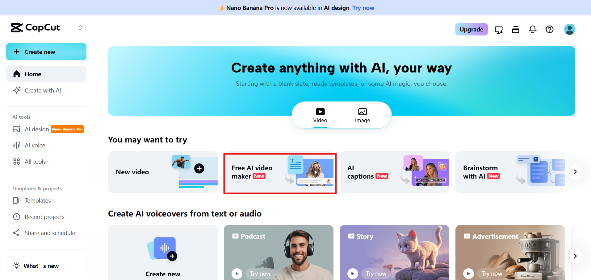 CapCut AI video generator homepage interface