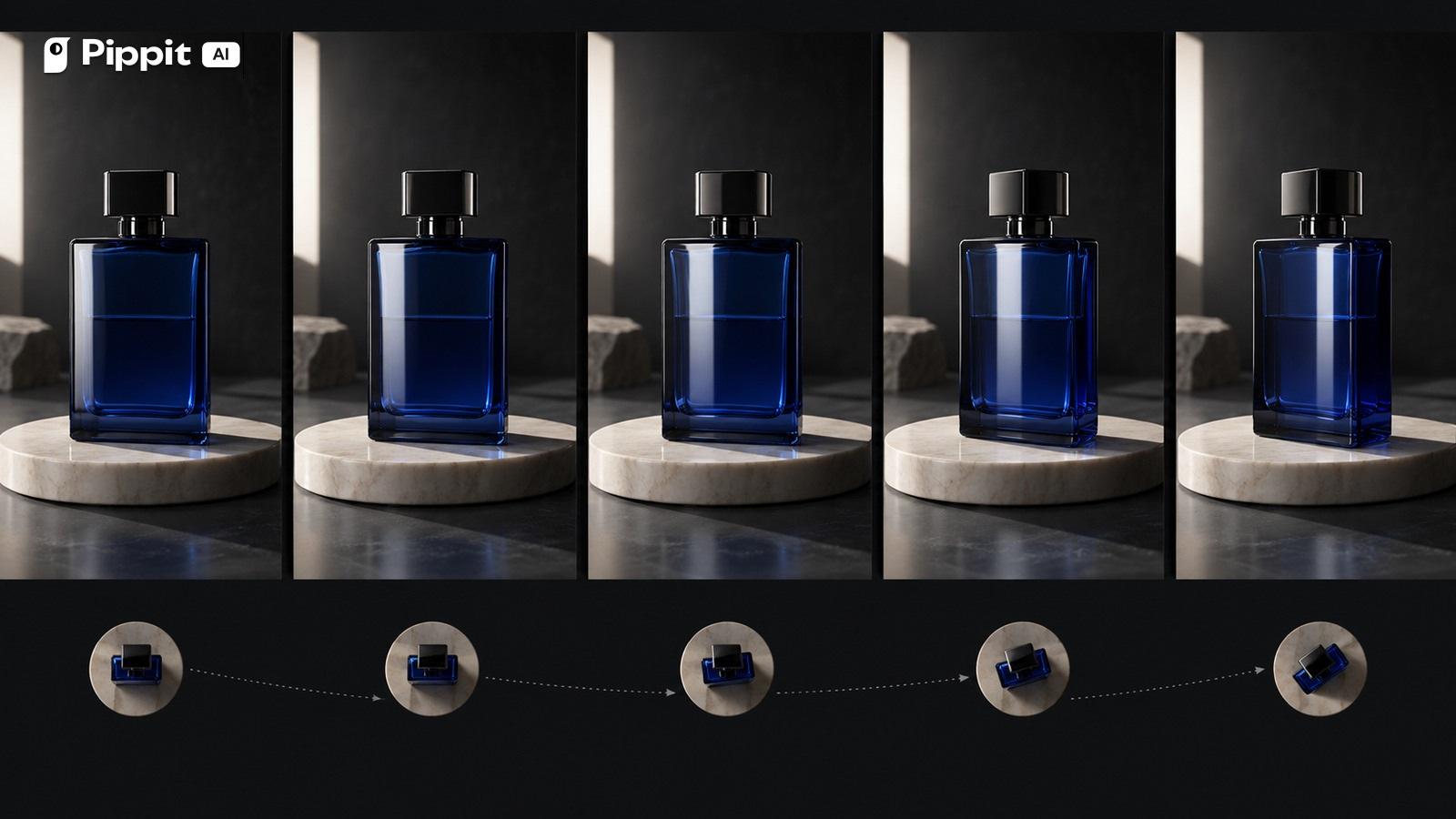 Five frames show a cobalt glass bottle rotating while one softbox reflection travels across its front.