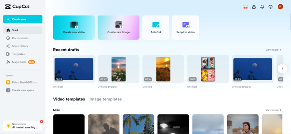 CapCut home screen with a Create new video control above a list of several recent drafts