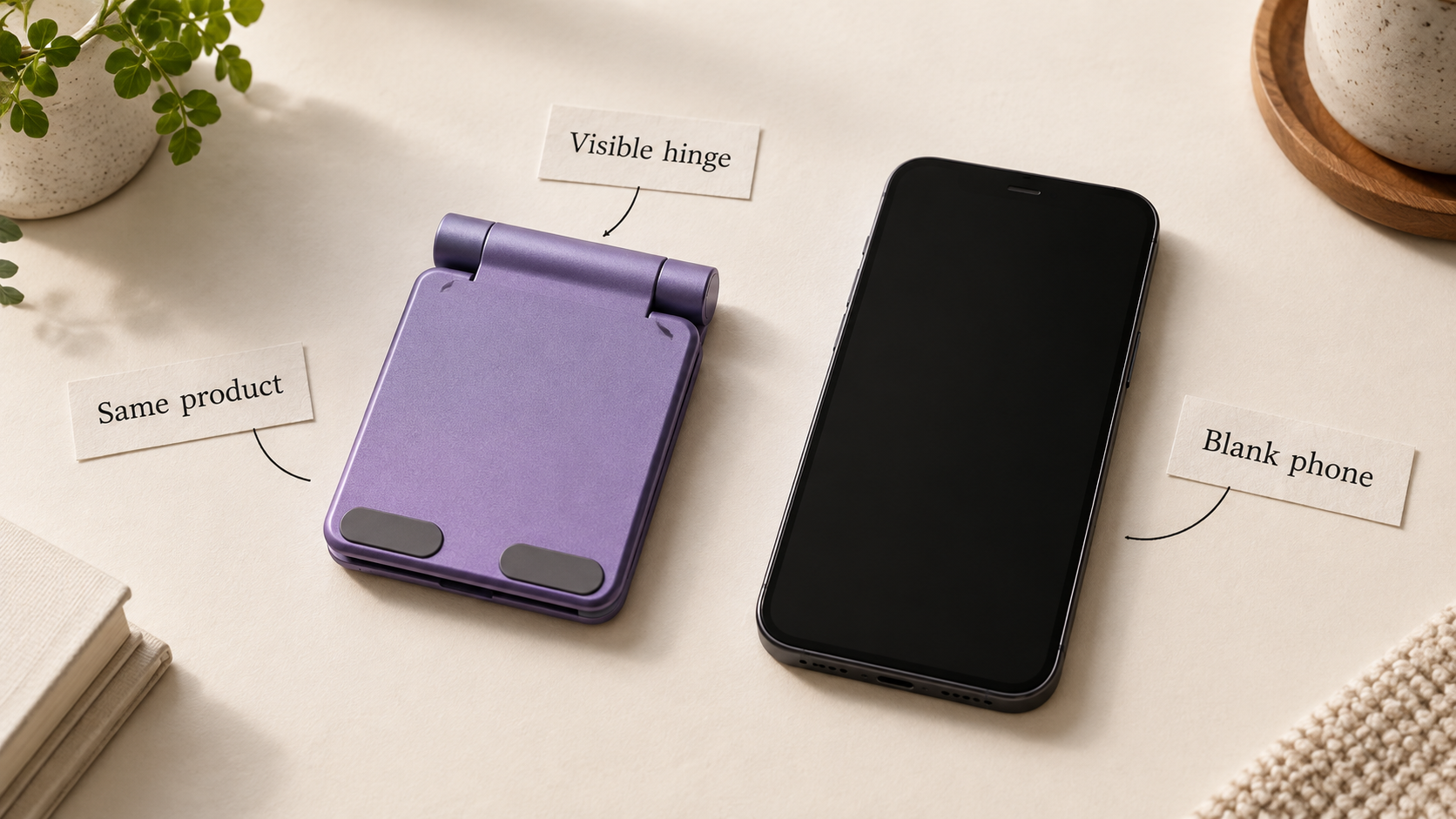 Owned material card identifying the same violet phone stand its visible hinge and the blank phone