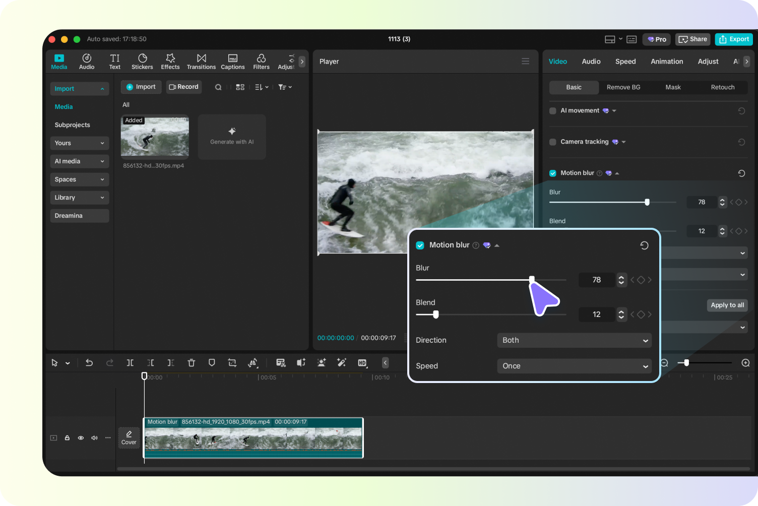 Apply motion blur to the video