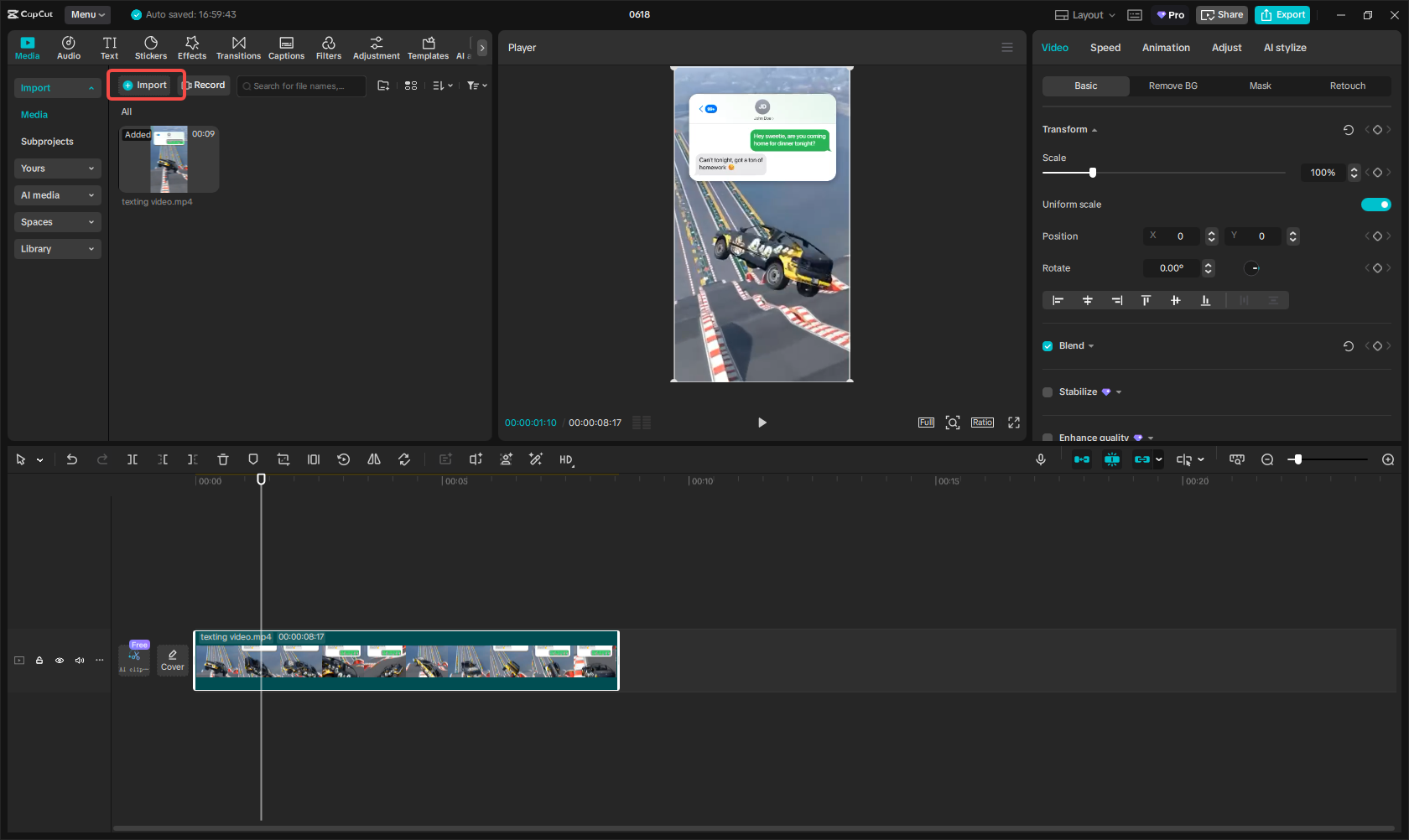Import fake text video to CapCut