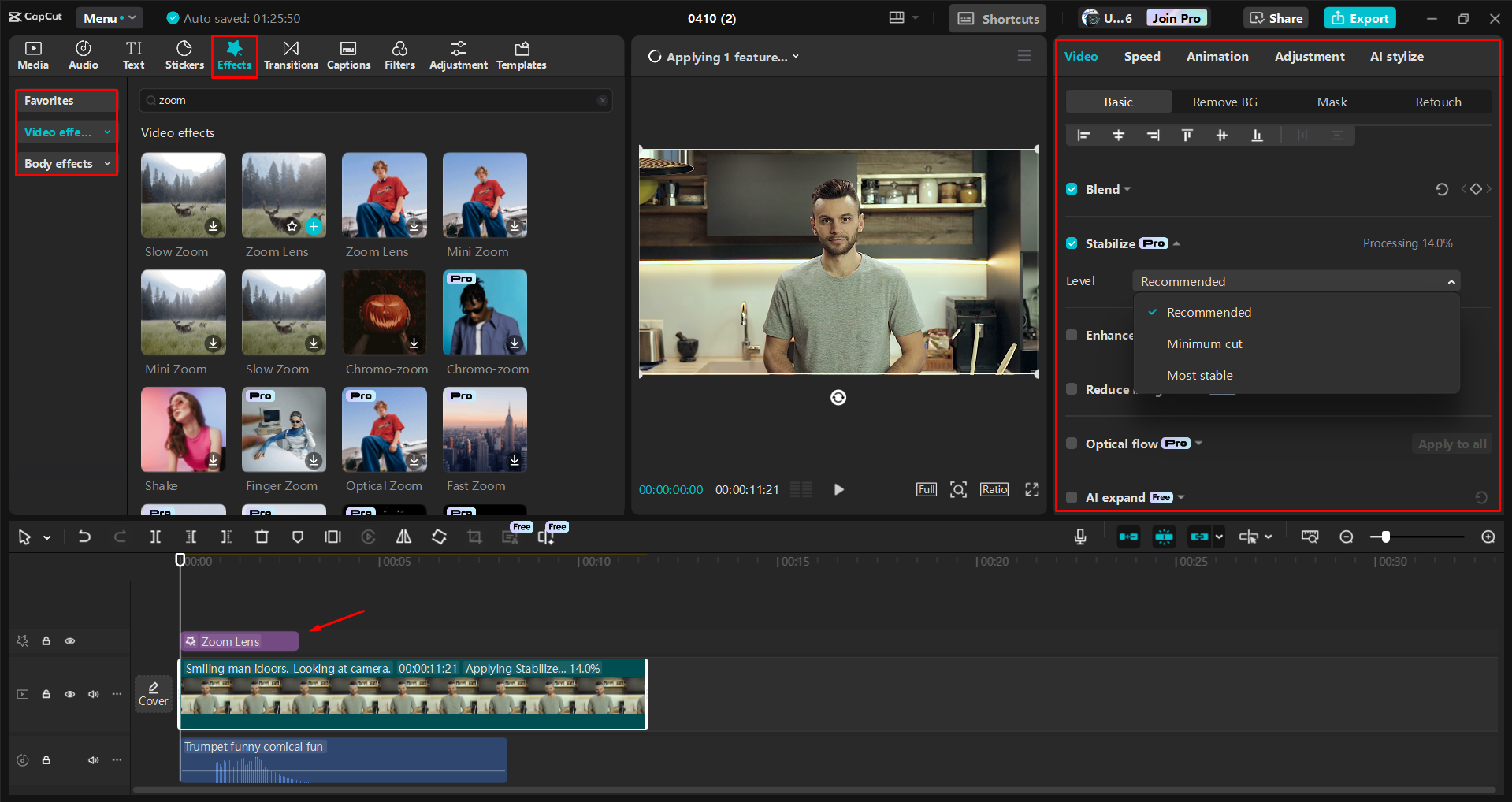 Aplicar um efeito de zoom a um vídeo no editor de vídeo para desktop CapCut