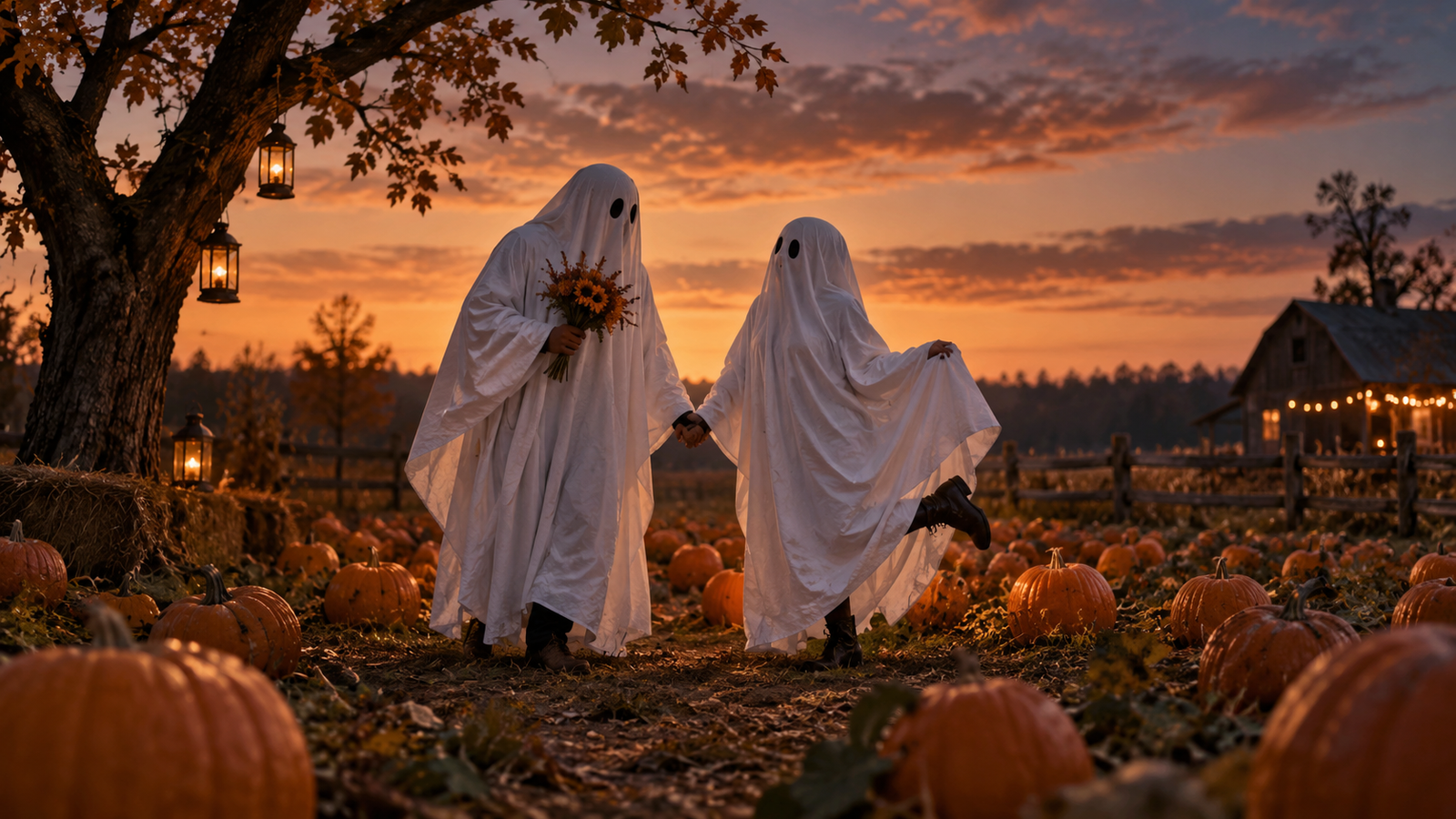 Ghost couple portrait: Two people in matching white-sheet ghost costumes in a pumpkin patch at dusk, playful and romantic