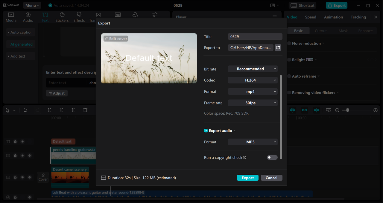 Export a video from the CapCut PC AI marketing automation tool