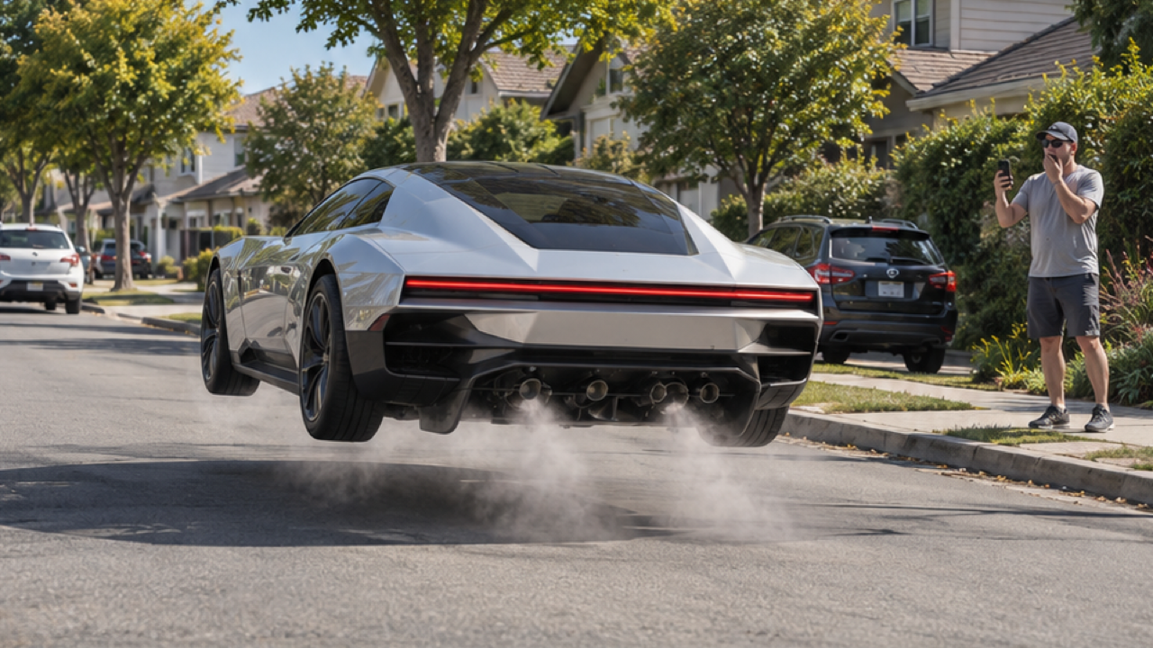 A silver-white angular 2026-style Roadster lifting just above a quiet suburban street, rear three-quarter view, black canopy, four attached wheels, clear gap beneath all tires and a dark shadow directly below