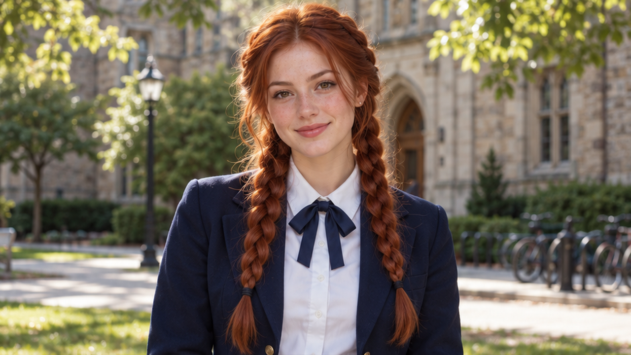 Illustrative AI School Uniform Hairstyle example: an auburn twin-braid portrait