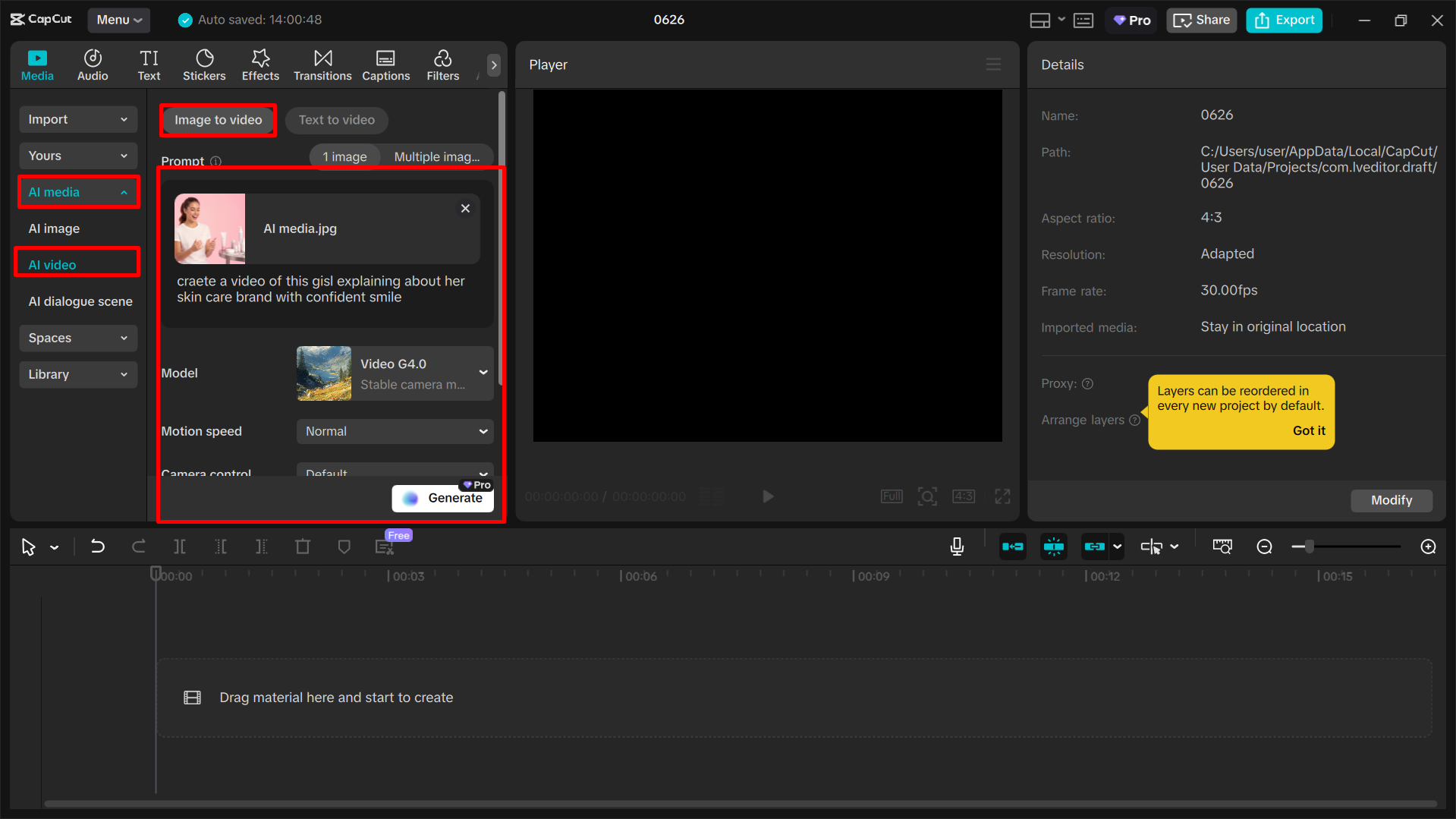 Accessing the image-to-video tool in CapCut