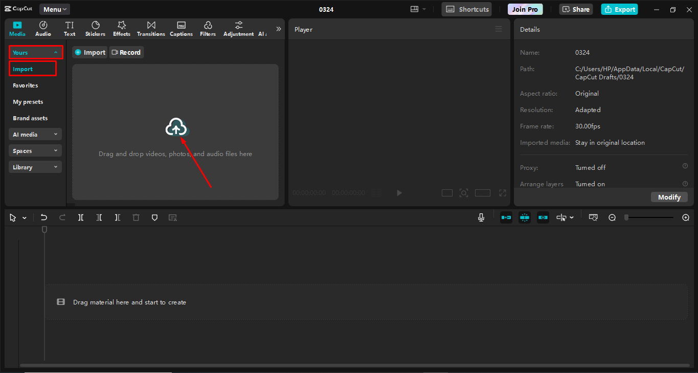 Importing the video from the CapCut desktop video editor