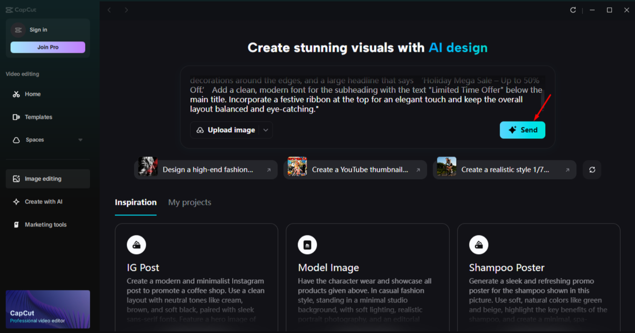 Giving a prompt to generate a holiday sale banner in the CapCut desktop video editor