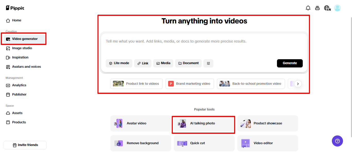 Generatore di video AI in Pippit