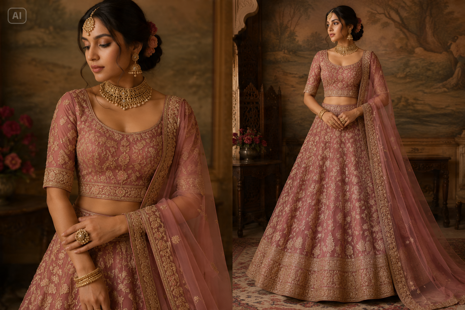 Dusty Rose Antik Gold Braut Lehenga