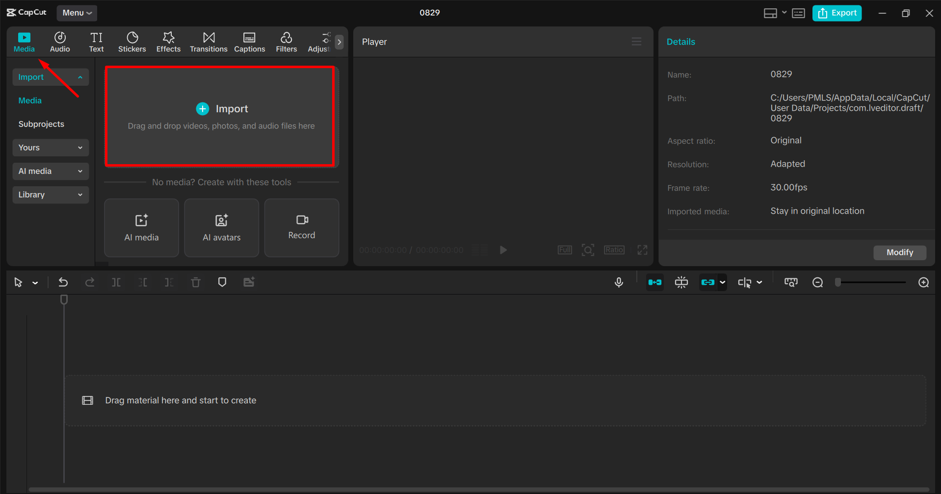 استيراد الصورة في محرر فيديو سطح المكتب CapCut