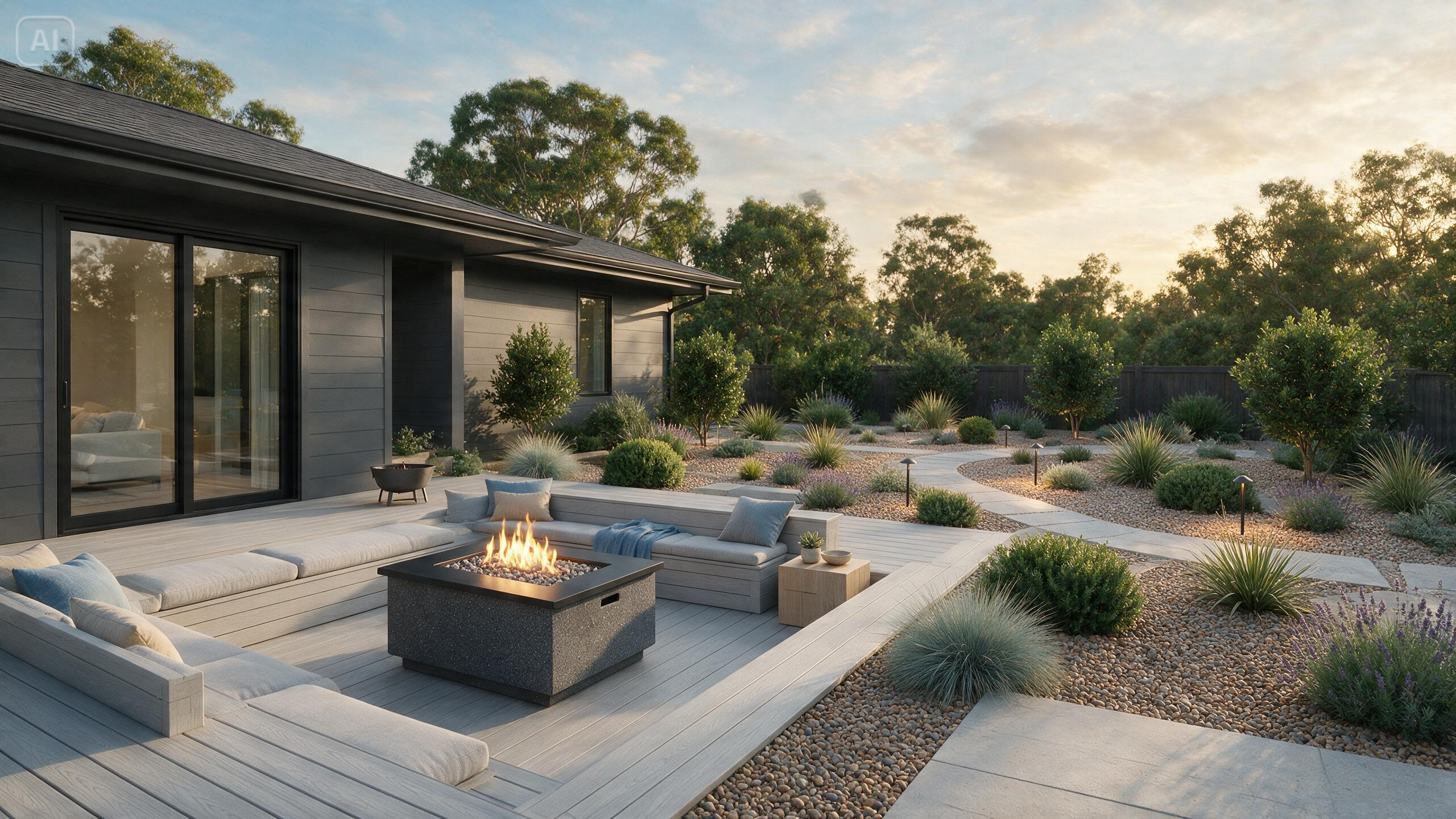 Segera untuk halaman belakang dengan perawatan rendah dengan lubang api dan geladak untuk Pencipta Desain Halaman Belakang AI: Plan Gardens, Patios, Pools, dan Lainnya