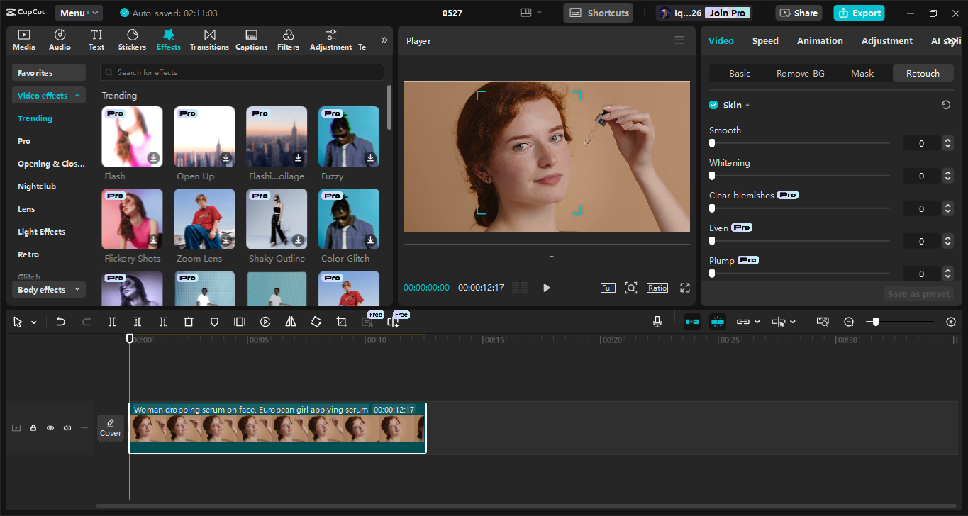 Interfejs edycji CapCut stacjonarnego edytora wideo - zaawansowane narzędzie do usuwania koloru czerwonych oczu z filmów