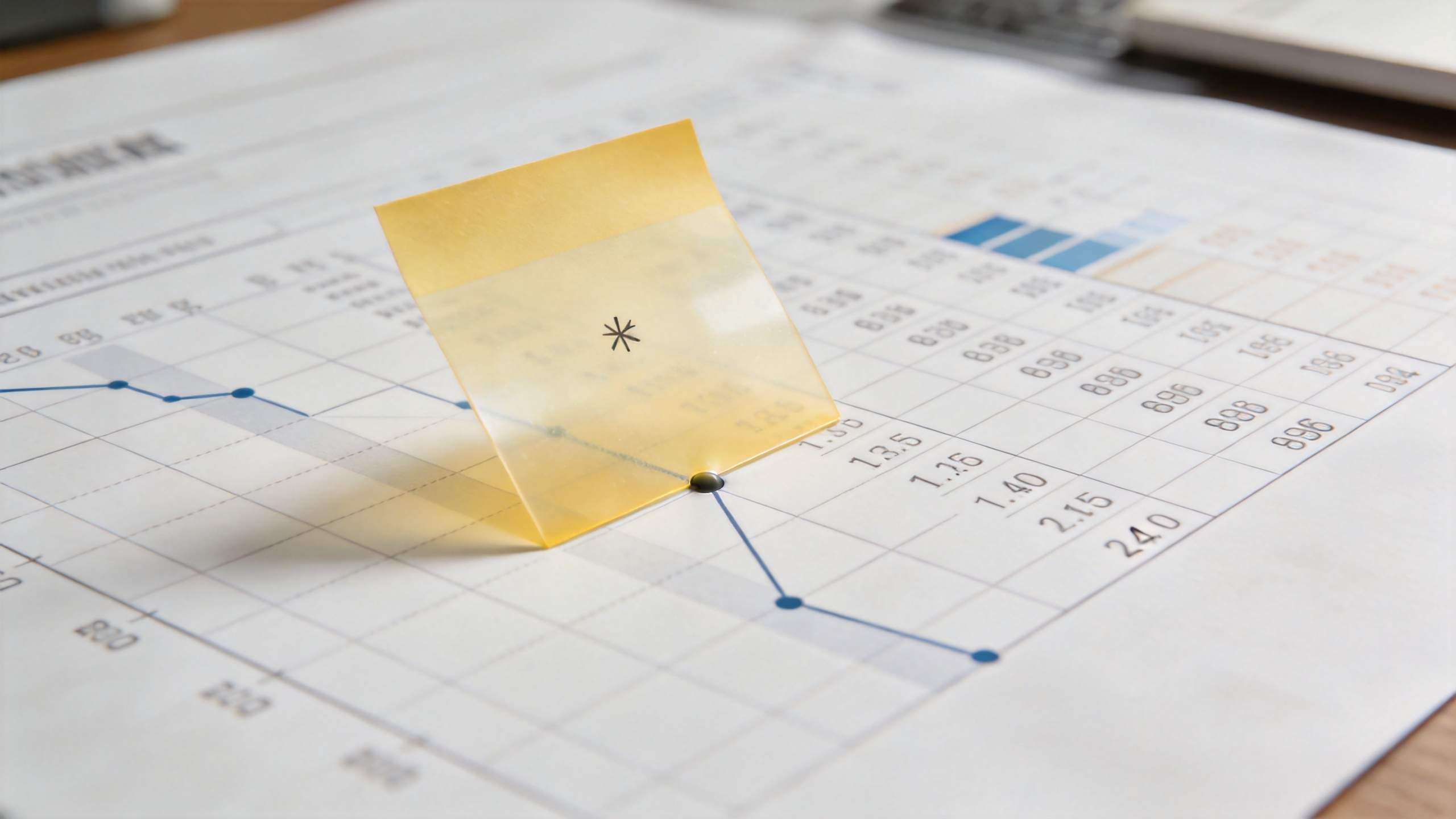 Yellow translucent note marking a point on a line chart over a spreadsheet