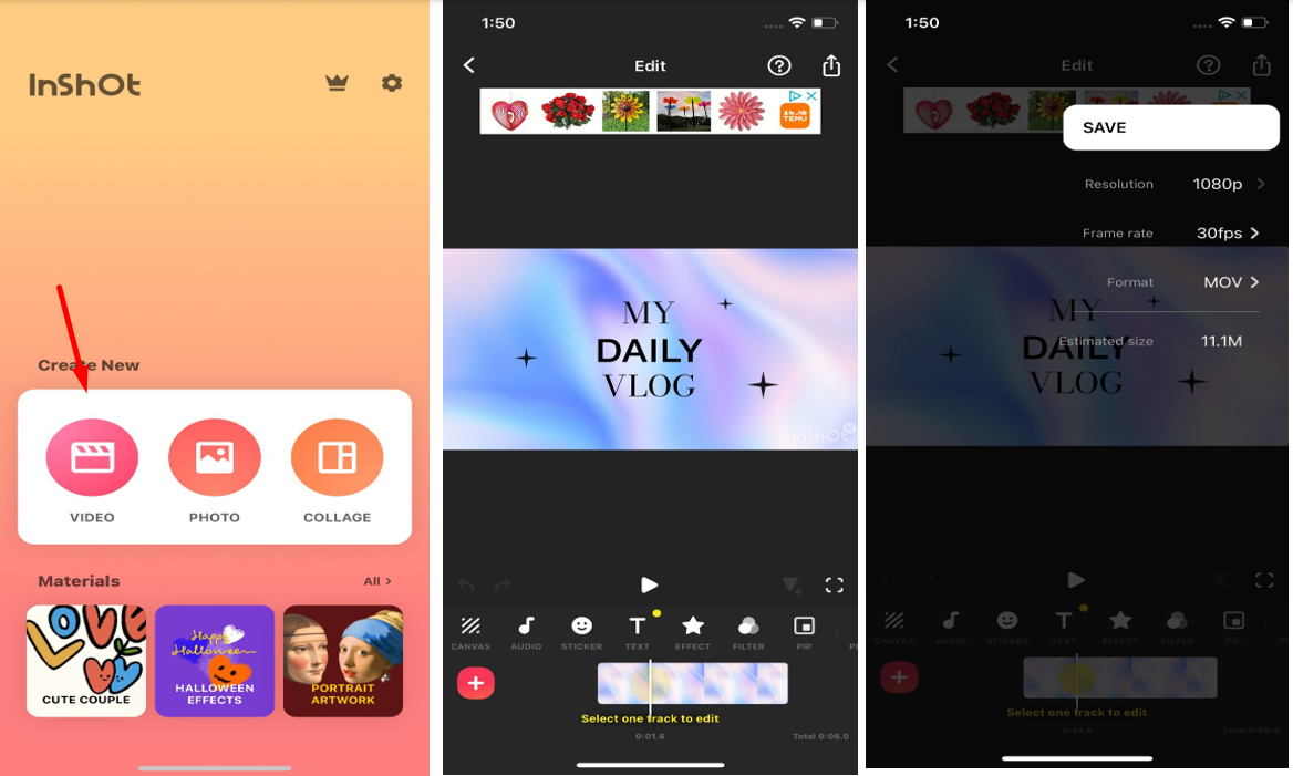 Interface of InShot - the popular mobile app to write text on videos