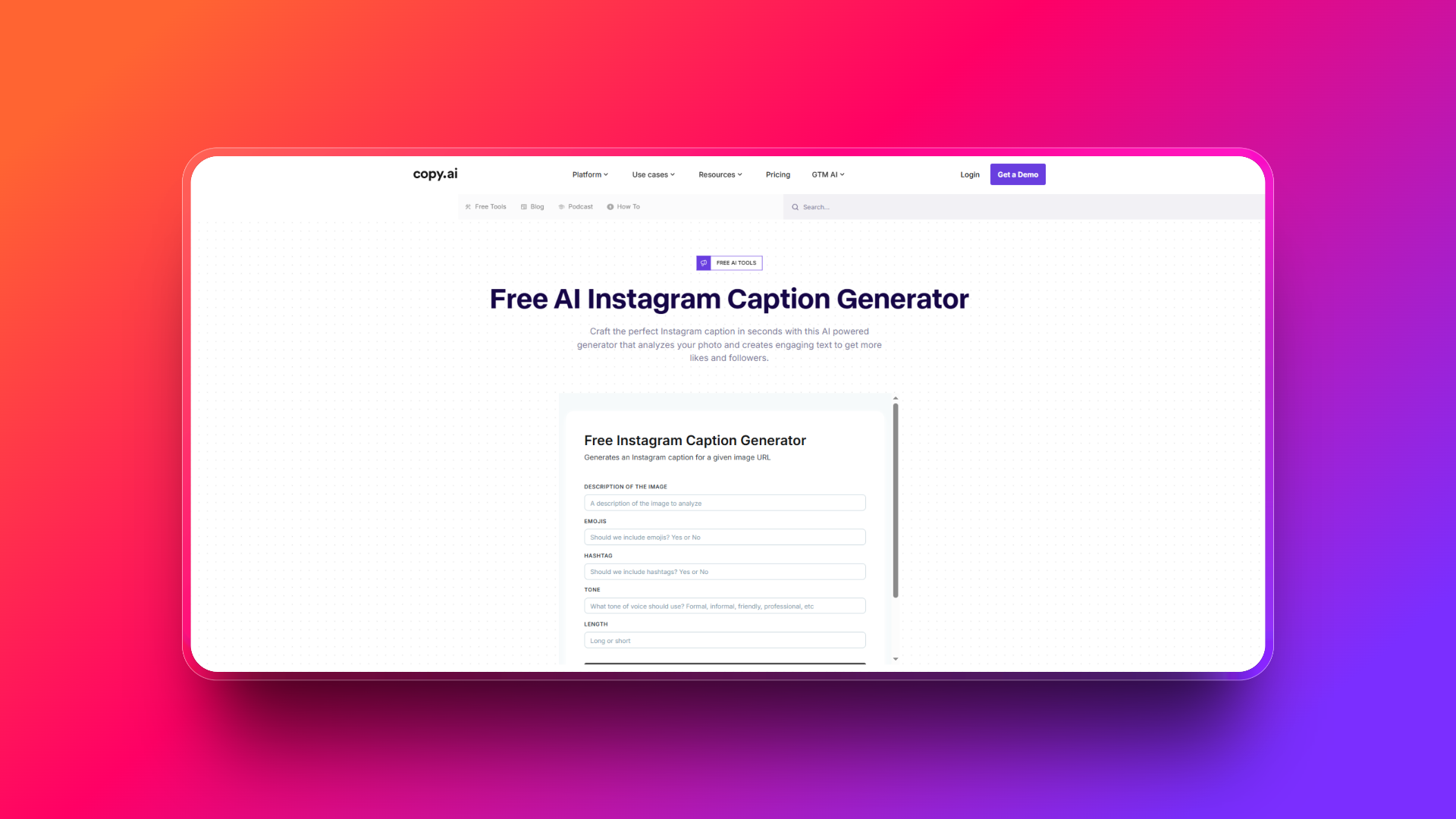 Social media caption generator by Copy.ai