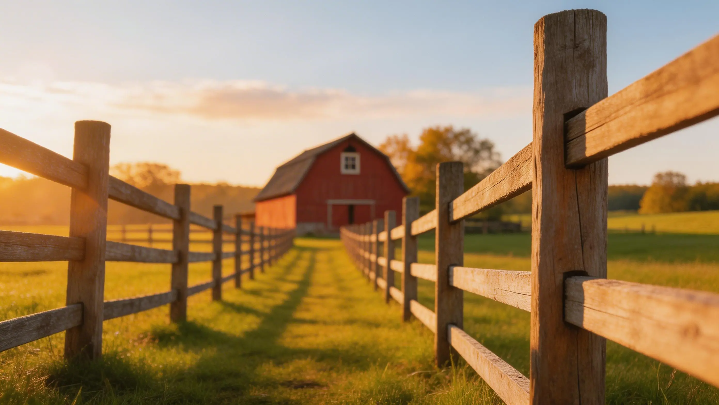 Wooden fence guiding eye toward the countryside barn