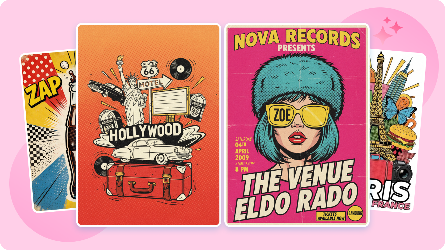 Afișe gratuite de artă pop: creați modele de postere vibrante cu AI