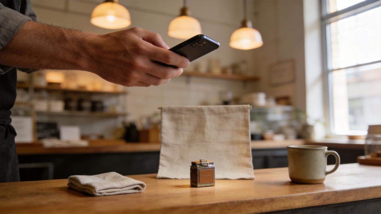 Person photographing a cafe table setup with a mug, folded cloth, and small bottle