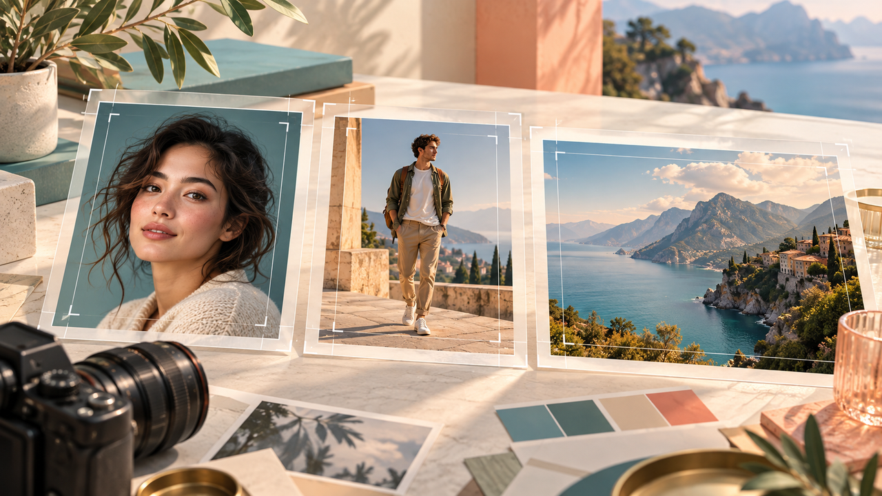 Portrait, full-body and landscape photos with framing guides