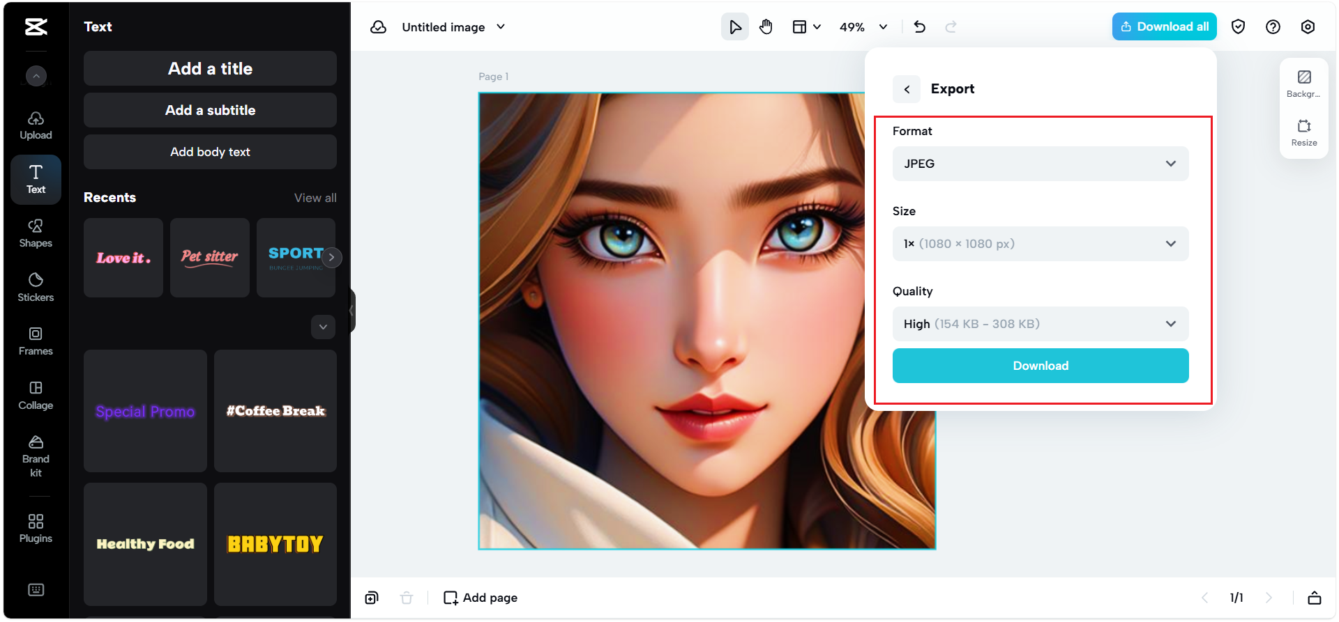 Download in the desired settings