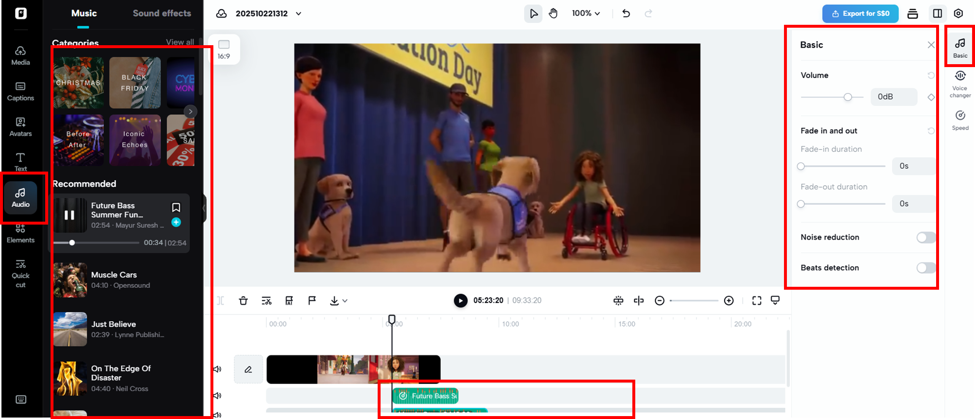 Adjust volume in the Audio tab