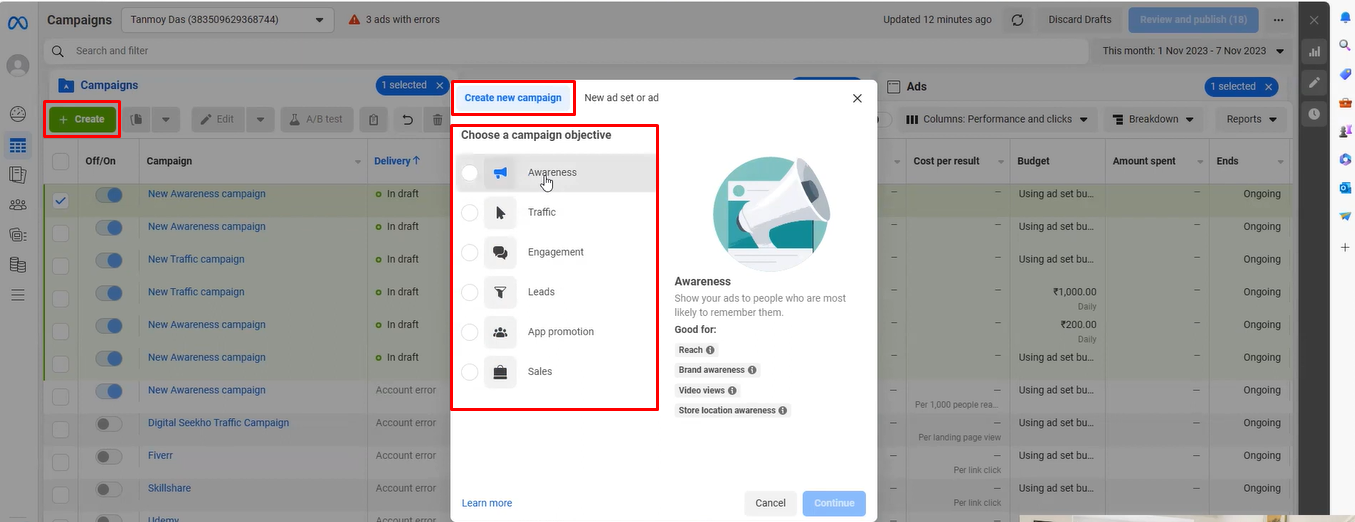 Image showing how to choose a campaign objective in Meda Ads Manager
