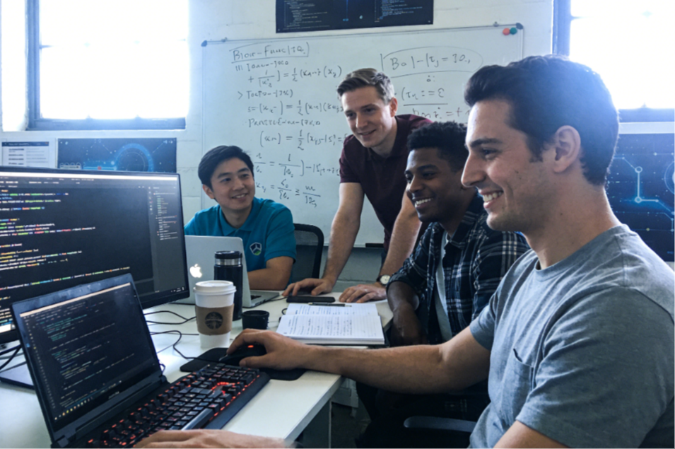 Team members of an emerging technology startup collaborate at their desks.