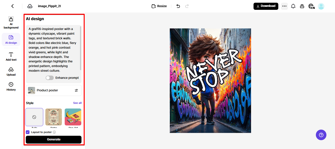 Ferramenta de design com IA no Pippit