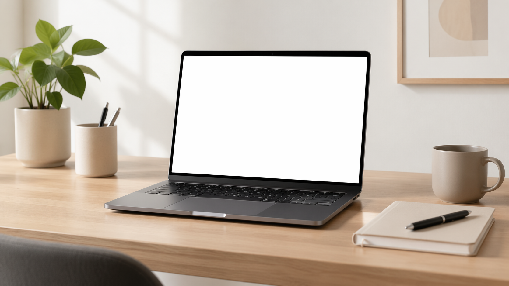Dreamina MacBook Mockup Prompt Beispiel 1: Clean Desk Laptop Mockup