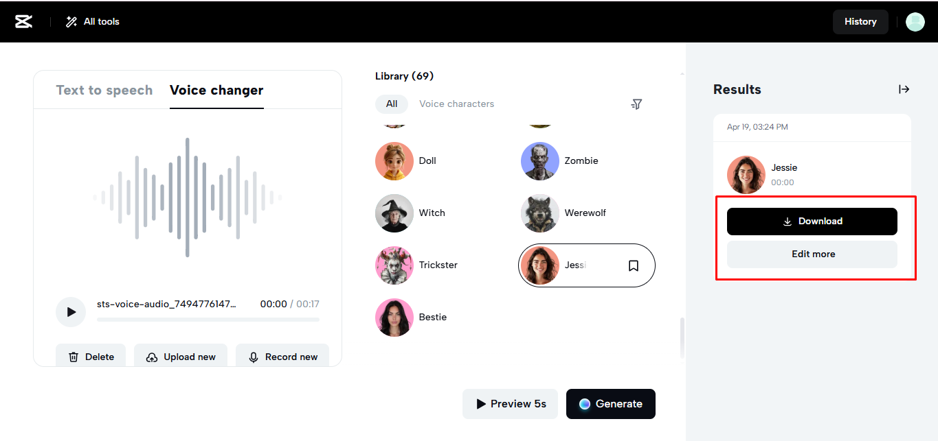 Stažení audia po aplikování hlasového filtru v CapCut Web
