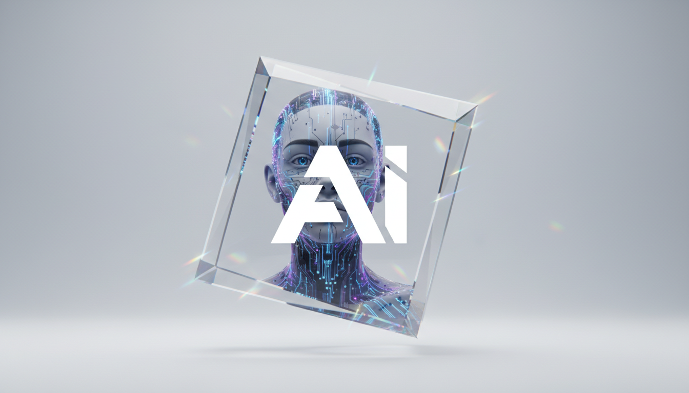 Transparent logo with AI avatar framed by glass prism, rainbow refraction, razor‑sharp edges, studio lighting, minimalist backdrop.