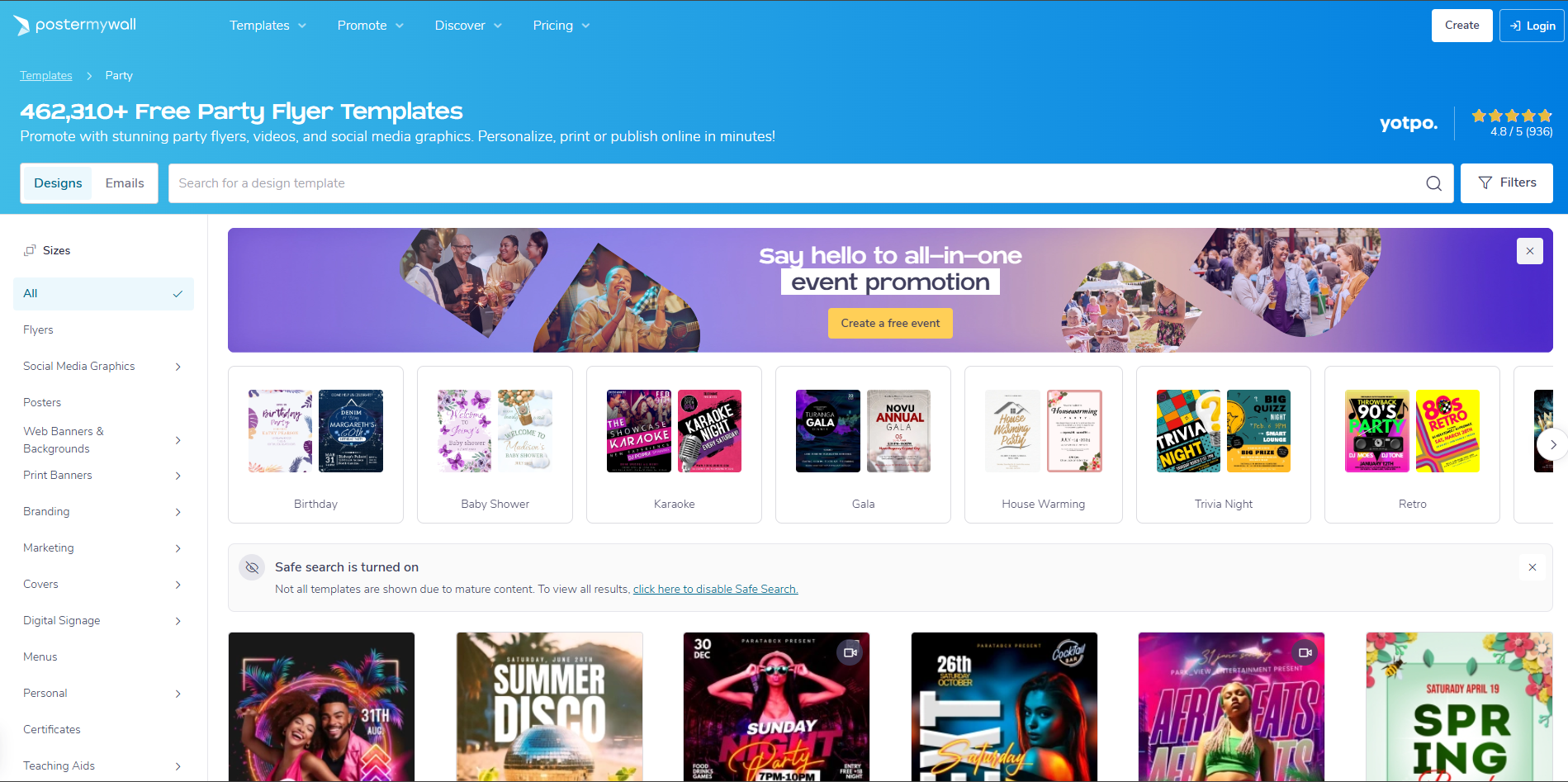Interface of PosterMyWall - the best resource for party flyer templates