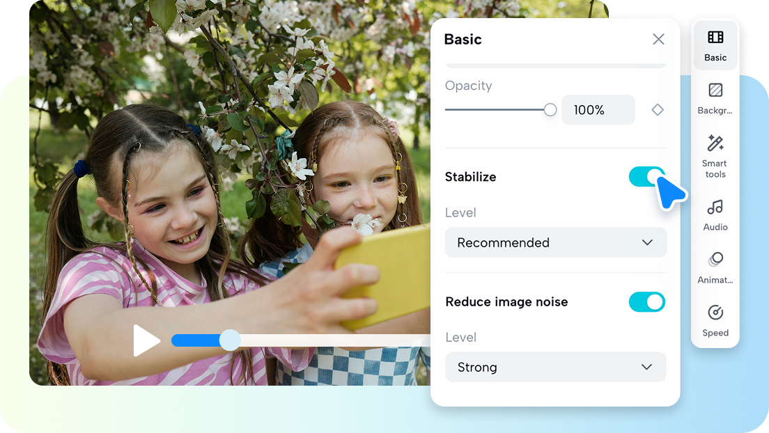 한 번의 클릭으로 부드럽고 선명하며 고품질의 동영상을 얻으세요.