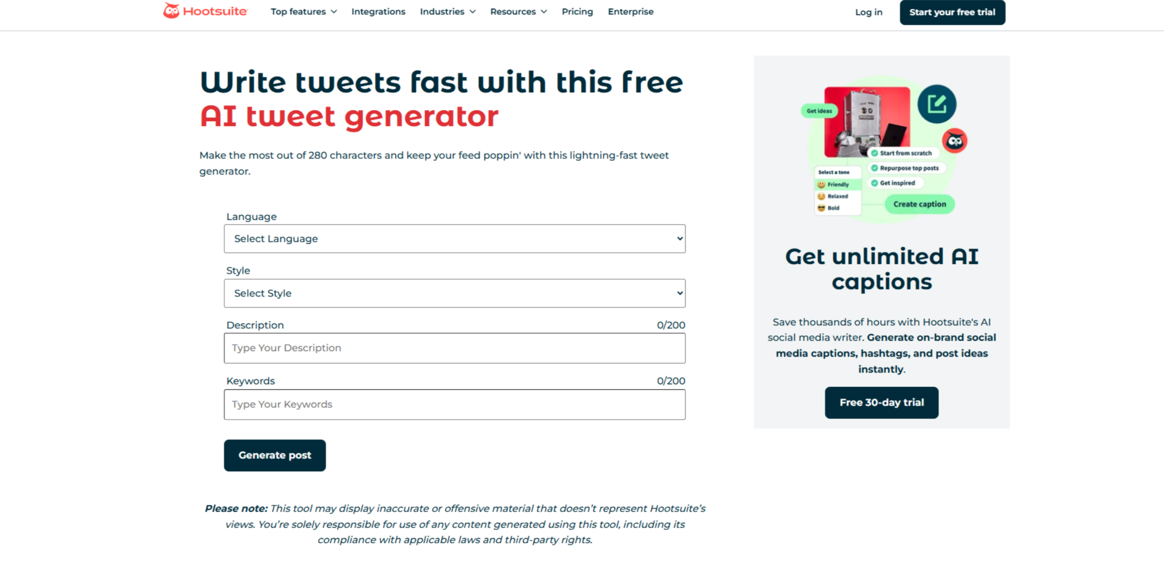 Interface of Hootsuite - the most liked Twitter post generator 