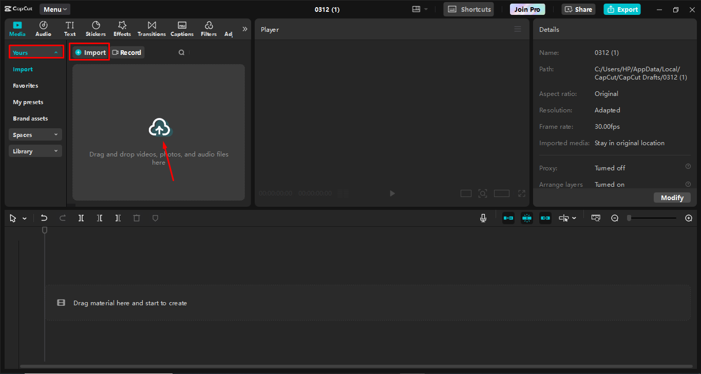 Importing the video to the CapCut desktop video editor