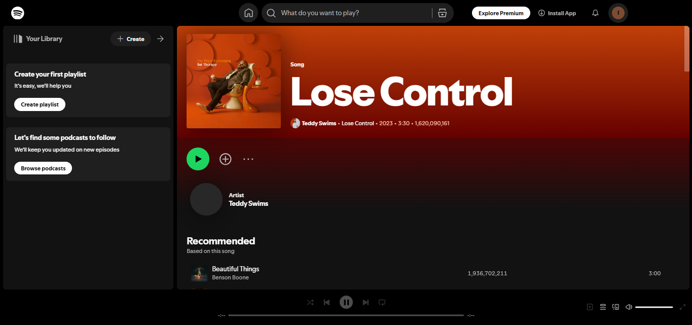 Lose Control by Teddy Swims — a viral song with millions of Spotify streams