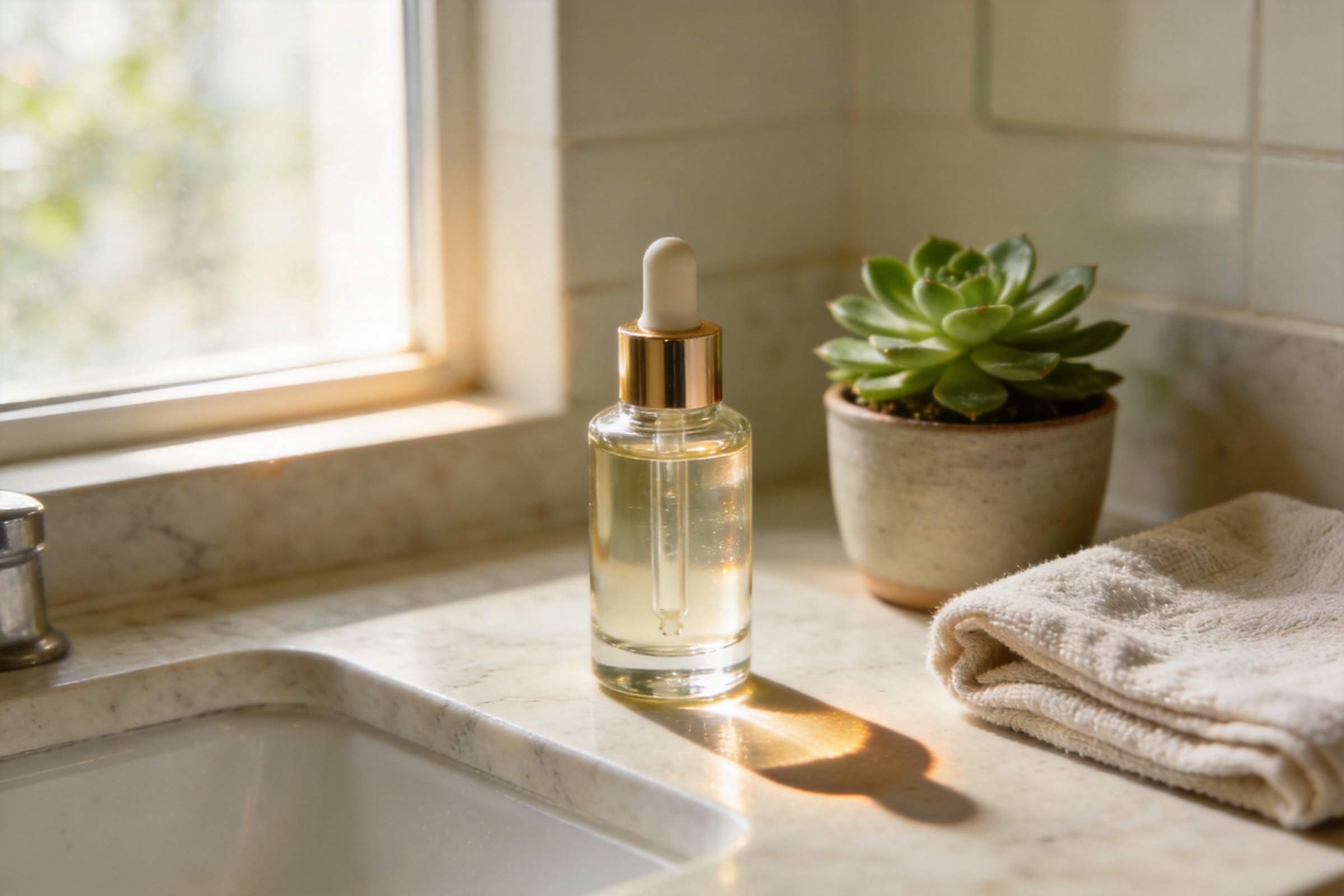 Glass dropper bottle on a sunlit bathroom counter beside a potted succulent and folded towel