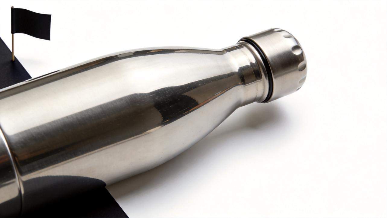 Stainless steel bottle on a white background with black flags at the edges