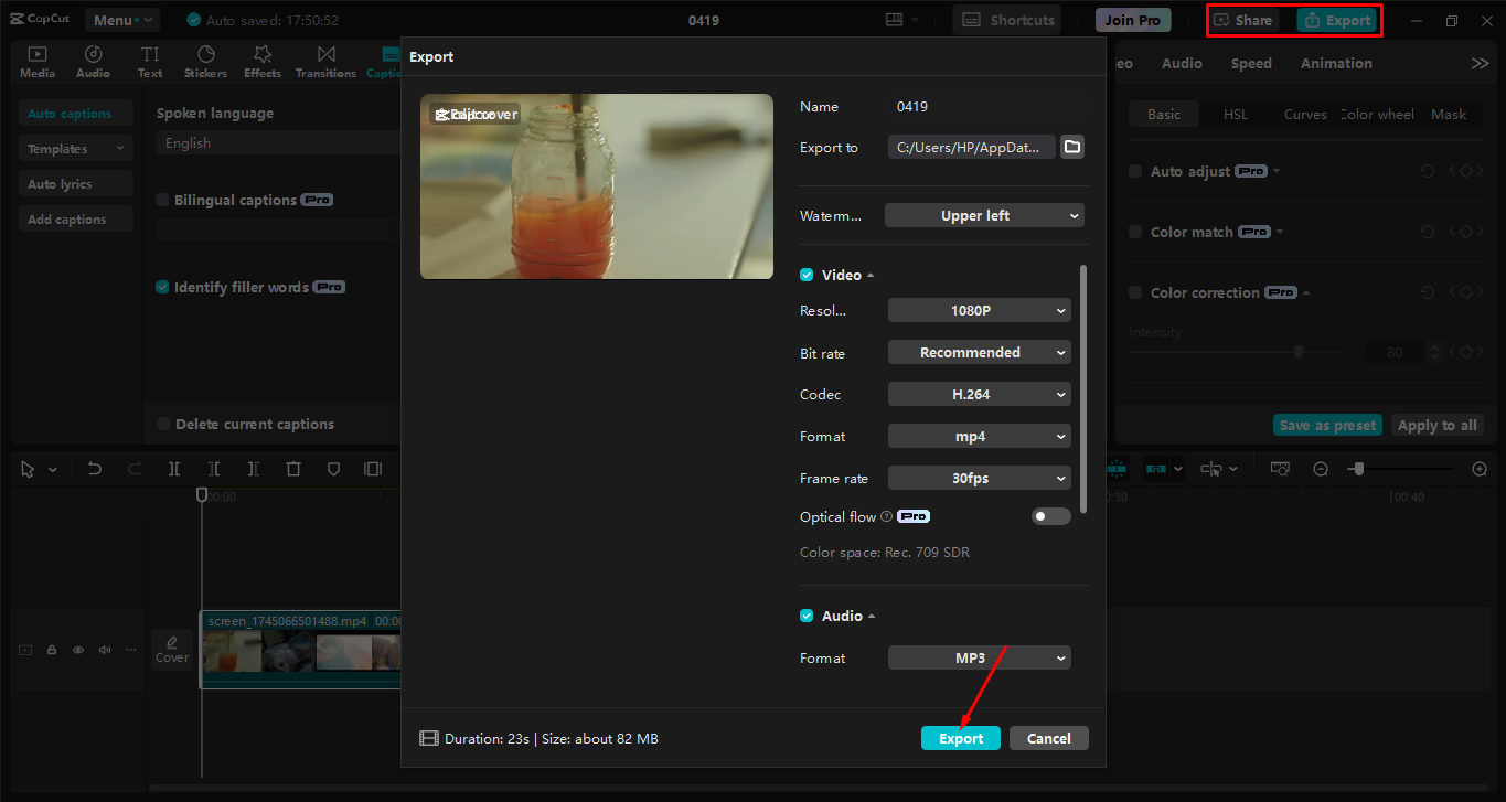 Exporting the video from the CapCut desktop video editor