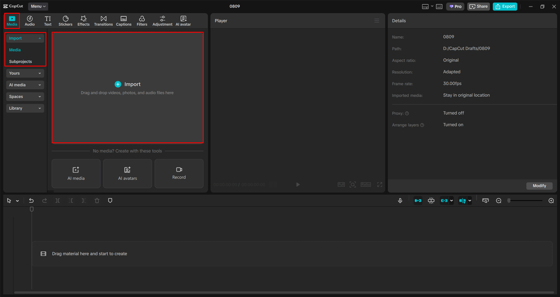 Uploading a video to the CapCut desktop video editor