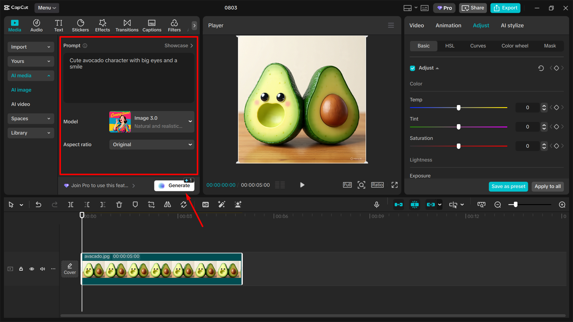Generating the image in the CapCut desktop video editor