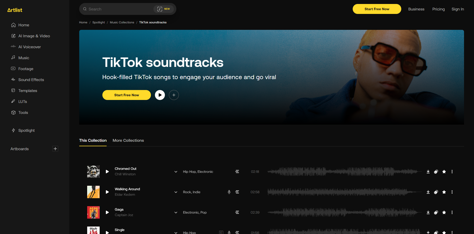 Interface of Artlist.io - a resource to download TikTok sound effects