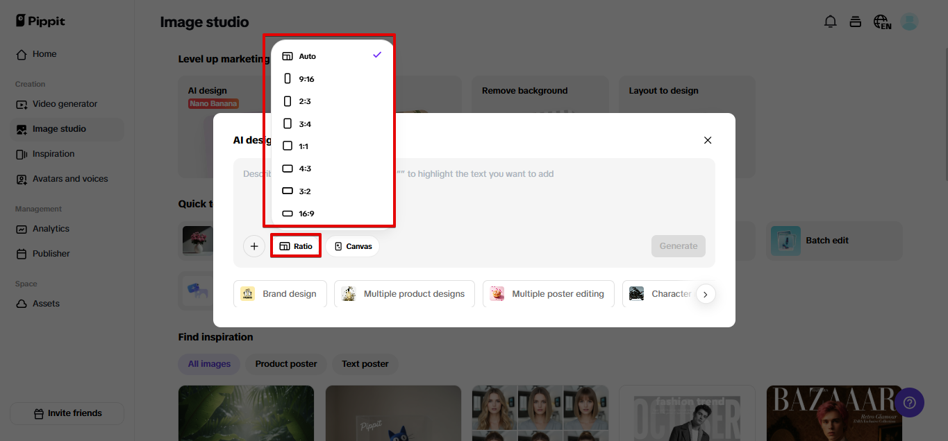 Different aspect ratio support in Pippit