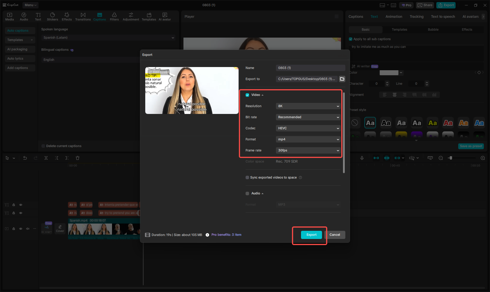 Exporting the bilingual captions video in CapCut