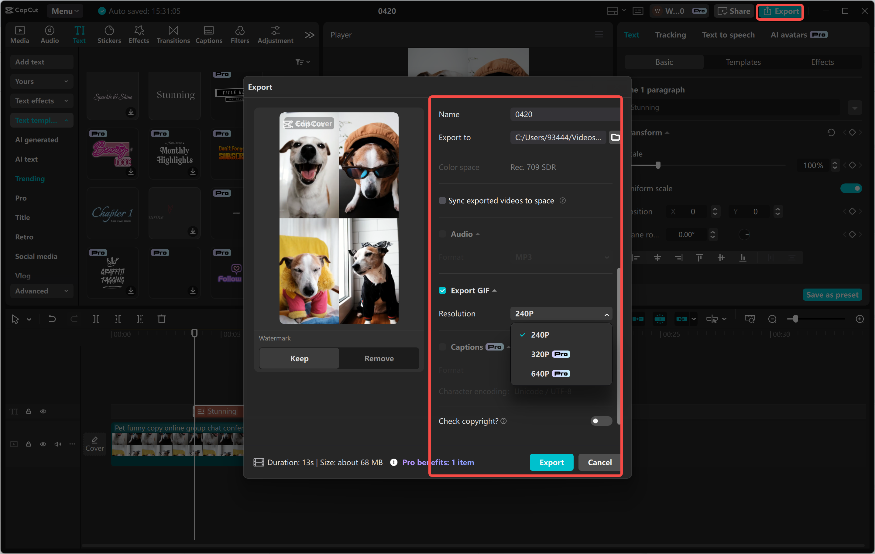 Exporting the video as a GIF from the CapCut desktop video editor