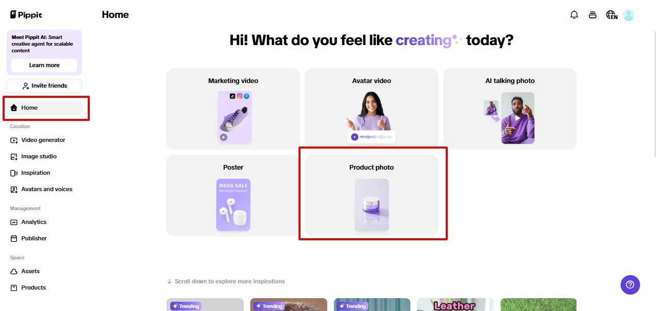 Product photo tool in Pippit