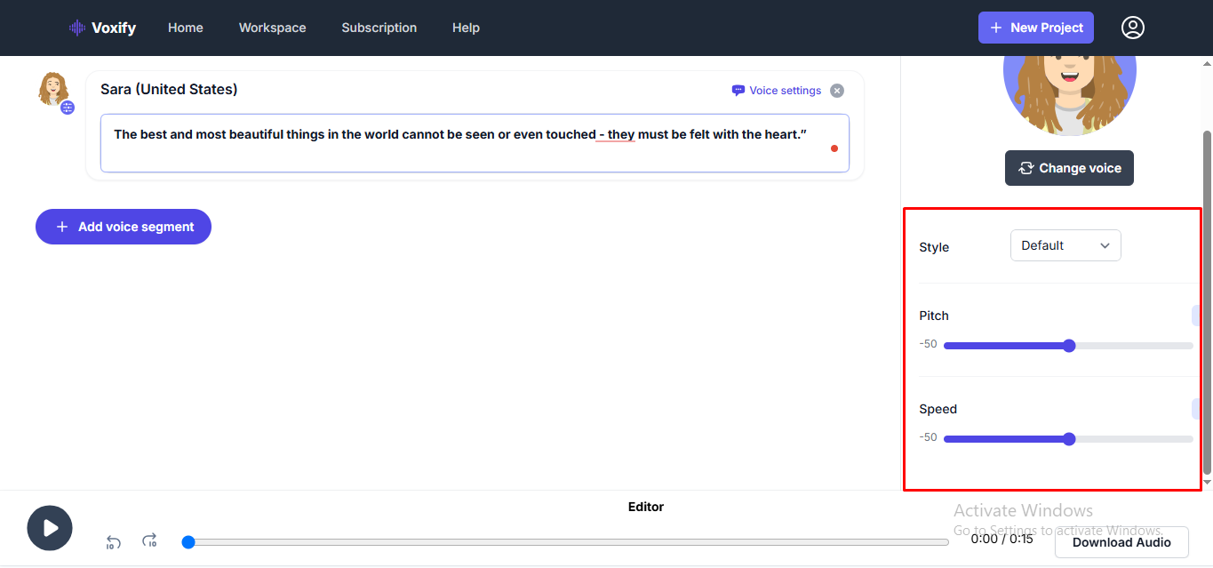 Anpassung der Stimmeinstellung in Voxify
